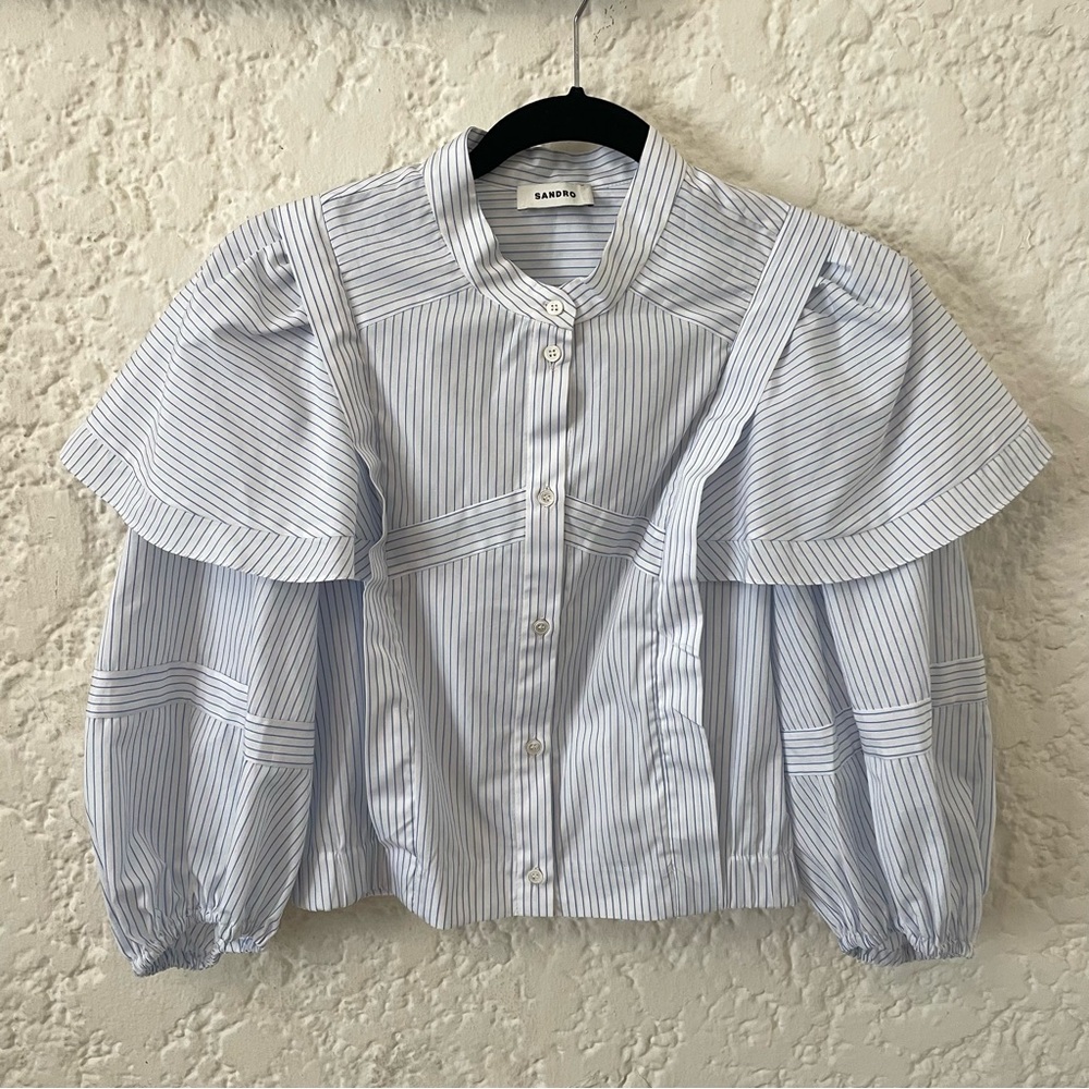 Sandro Yzeure Blue + White Cotton Striped Ruffled Cropped Shirt Size 4, Preppy - Picture 4 of 14